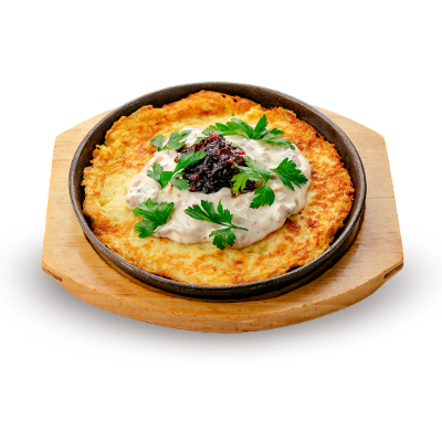 Дерун с грибным соусом и луковым конфитюром